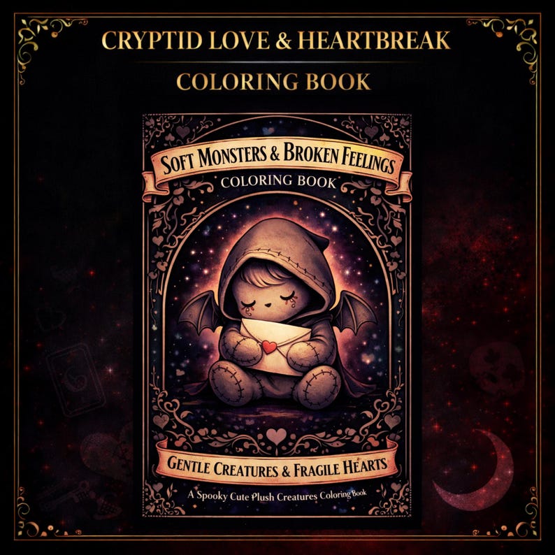 May include: A coloring book titled "Cryptid Love & Heartbreak" features a sad plush creature with bat wings holding an envelope. The cover art includes the text "Soft Monsters & Broken Feelings" and "Gentle Creatures & Fragile Hearts". The background is dark with stars.