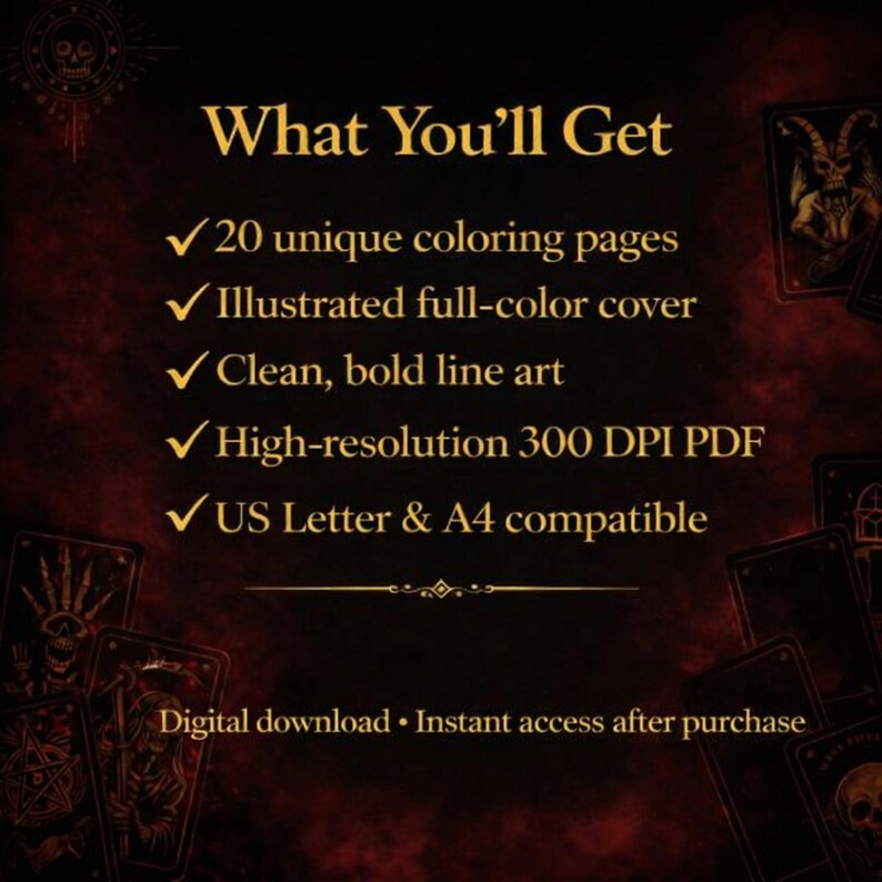 Peut inclure: Publicit&eacute; de t&eacute;l&eacute;chargement num&eacute;rique sur fond rouge fonc&eacute; et noir. Le texte &laquo;&nbsp;What You'll Get&nbsp;&raquo; est affich&eacute; en lettres dor&eacute;es, suivi d'une liste de fonctionnalit&eacute;s, dont 20 pages &agrave; colorier uniques et un PDF haute r&eacute;solution. Le texte &laquo;&nbsp;T&eacute;l&eacute;chargement num&eacute;rique &bull; Acc&egrave;s instantan&eacute; apr&egrave;s achat&nbsp;&raquo; est &eacute;galement inclus.