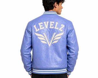 LEVELZ Leather Varsity Jacket | Blue Embroidered Bomber Coat, Streetwear Unisex Fashion