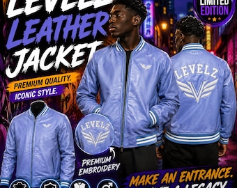 LEVELZ Leather Varsity Jacket | Blue Embroidered Bomber Coat, Streetwear Unisex Fashion