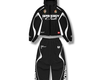 Y2K zwarte windjack trainingspak, streetwear-joggingoutfit met capuchon voor heren