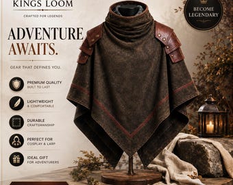 Mens Medieval Hooded Poncho Cloak | Viking Fantasy Cape | Renaissance Leather Shoulder Shawl | LARP Cosplay Costume | Dark Academia Gift