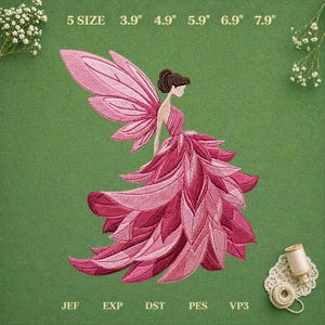 Elegant Pink Botanical Fairy Machine Embroidery Design, Magical Leaf Dress, Pixie Digital Pattern File, 5 Sizes, DST PES JEF