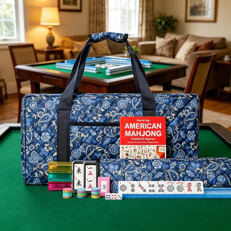 May include: A quilted blue and white paisley patterned carrying bag for a Mahjong set, accompanied by a red instructional book titled American Mahjong, colorful plastic racks, Mahjong tiles, small betting chips, and dice on a green surface.