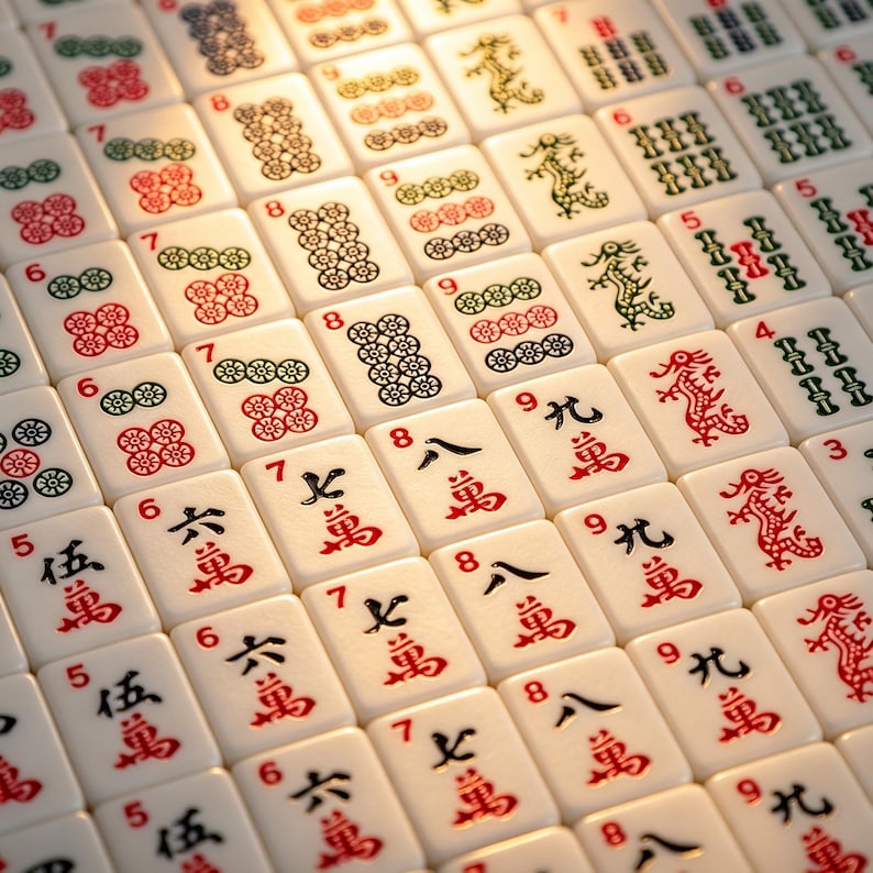 May include: A collection of off-white Mahjong tiles arranged in a grid, featuring various red, green, and black engraved symbols, including Chinese characters, numerical digits, floral patterns, and dragon illustrations on the face of each tile.