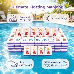 Könnte beinhalten: Ein Set weißer Mahjong-Spielsteine mit violetten Rändern und bunten chinesischen Schriftzeichen, die in einem Pool schwimmen. Der Text lautet Ultimate Floating Mahjong, Excellent Buoyancy, Silent Play, Ultra Lightweight und Indoor & Outdoor.