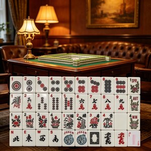 May include: A set of white mahjong tiles arranged in a grid, featuring black and red ink designs including numbers, Chinese characters, seasonal symbols, directional markers, and joker tiles with dragon illustrations and the text JOKER.