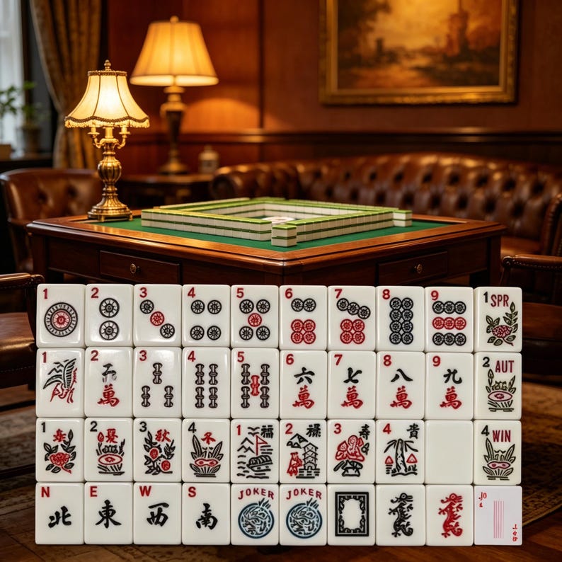 May include: A set of white mahjong tiles arranged in a grid, featuring black and red ink designs including numbers, Chinese characters, seasonal symbols, directional markers, and joker tiles with dragon illustrations and the text JOKER.