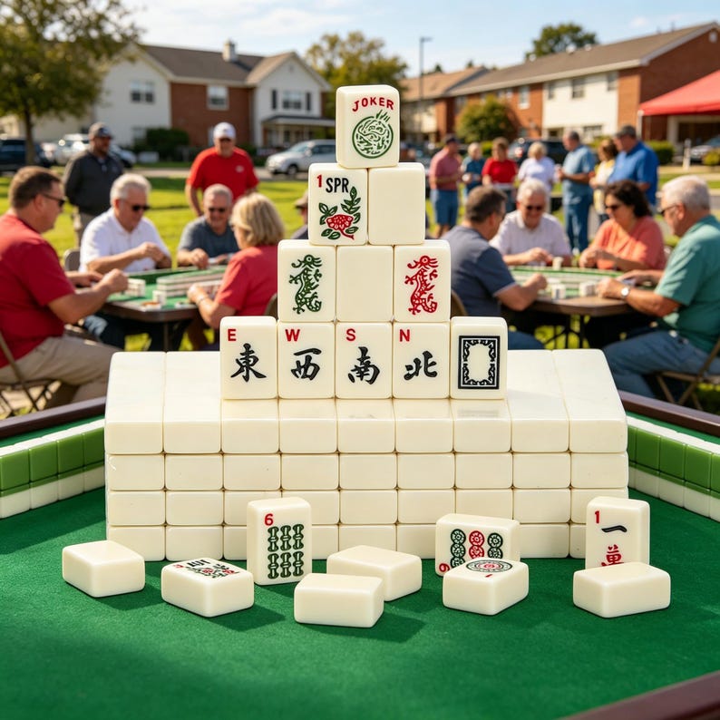 May include: A set of off-white Mahjong tiles arranged in a tiered pyramid structure on a green felt surface. The tiles feature various red, green, and black engraved symbols, including Chinese characters, directional letters E, W, S, N, and a Joker tile.