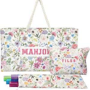3 Pack Floral Mahjong Storage Bags, Cotton Canvas Carry Set for Tiles & Racks, Wildflower Drawstring Organizer for Travel Party