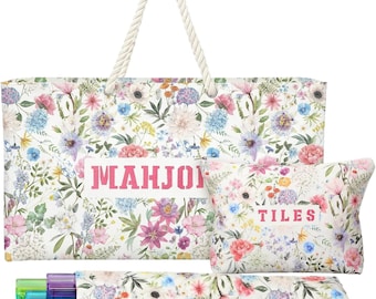 Set di 3 sacchetti porta-tessere Mahjong con motivo floreale, set di trasporto in tela di cotone per tessere e supporti, organizer con coulisse a fiori selvatici per viaggi e feste.