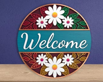 Layered Floral Welcome Sign SVG | Farmhouse Door Hanger Laser Cut File (Digital Download)