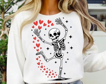 Funny Gothic Valentine Skeleton PNG, Dancing Skeleton Hearts