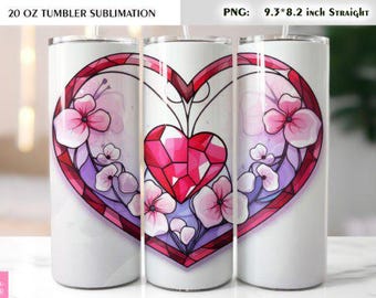 Stained Glass Heart Tumbler PNG, Valentine's Day Mosaic Design (Digital Download)