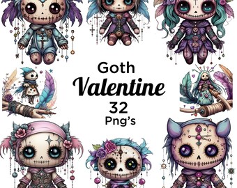 Gothic Doll PNG Bundle: Creepy Valentine Sublimation Designs (32 Files)