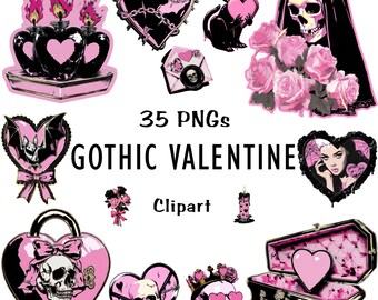 Gothic Valentine Clipart Bundle: Dark Romance, Skull & Heart PNGs (Instant Download)