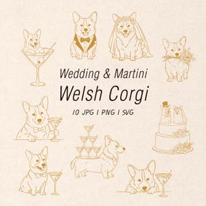 Puede incluir: Una colección de ilustraciones de líneas en color dorado con Welsh Corgis en poses temáticas de boda y martini, incluyendo un perro con esmoquin, una novia con velo y un perro cargando una torre de martinis. Texto: Wedding & Martini Welsh Corgi 10 JPG | PNG | SVG.