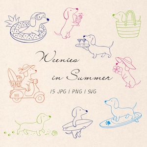 Puede incluir: Una colección de ilustraciones de líneas coloridas que muestran perros salchicha en actividades de verano, como nadar, surfear y montar en scooter. El texto dice Weenies in Summer y 15 JPG | PNG | SVG. Los perros aparecen en varios colores.
