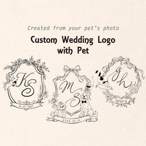 Könnte beinhalten: Drei schwarz-weiße Hochzeitslogos mit Haustieren, Blumenrahmen und Schleifen. Der Text lautet: Created from your pet's photo, Custom Wedding Logo with Pet, KS 10. 07. 2027, MS 2026.01.01 und gh 2026.01.01 mit illustrierten Hunden und einer Katze.