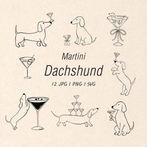 Puede incluir: Una colección de ilustraciones de líneas negras que muestran perros salchicha interactuando con copas de martini. El texto Martini Dachshund 12 JPG | PNG | SVG está centrado entre los dibujos de perros equilibrándose, sentados o de pie con cócteles.