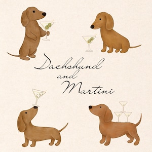 Op de afbeelding: Een digitale illustratie met vier bruine teckels die interageren met martiniglazen met olijven. De tekst "Dachshund and Martini" staat in zwarte cursieve letters in het midden van de compositie op een lichtbeige achtergrond.