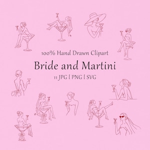 Op de afbeelding: Een verzameling donkerroze lijntekeningen van figuren met martiniglazen, waaronder bruiden met sluiers en hoeden. De tekst luidt 100% Hand Drawn Clipart, Bride and Martini, 11 JPG | PNG | SVG op een lichtroze achtergrond.
