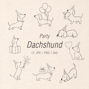 Könnte beinhalten: Eine Sammlung von schwarzen Strichzeichnungen mit Dackeln in Partyhüten, darunter Hunde mit Luftballons, Geschenken und Partyknallern. Der Text lautet Party Dachshund 12 JPG | PNG | SVG und zeigt verschiedene verspielte Posen für digitale Designs.
