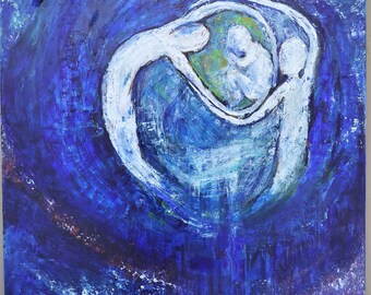May include: Abstract acrylic painting on canvas, with a swirling blue background and white brushstrokes. The artwork shows two figures embracing a central form, suggesting protection and unity. The painting evokes a sense of depth and emotion.