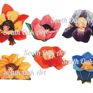 May include: Six vintage illustrations of children's faces peeking out of colorful flowers. The flowers are a yellow daffodil, a red poppy, a blue iris, a pink tulip, a yellow sunflower, and a blue bell.