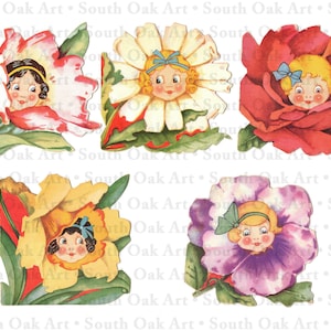 Afdrukbare antropomorfe bloemenmeisje Valentines late 1920's-1930's- Mother's Day card-lente