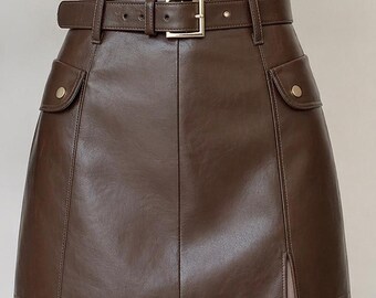 Minifalda de piel de oveja marrón con cinturón, falda de talle alto en línea A, falda de cuero genuino para mujer, falda de lujo hecha a mano, conjunto de otoño