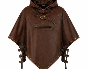 Unisex Leather Hooded Poncho, Medieval Leather Cape, Gothic Hooded Cloak, Brown Leather Mantle, Fantasy Cosplay Costume, Renaissance Cape
