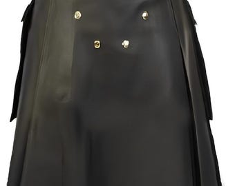 Black Sheepskin Leather, Genuine Utility Kilt, Gold Button Fashion