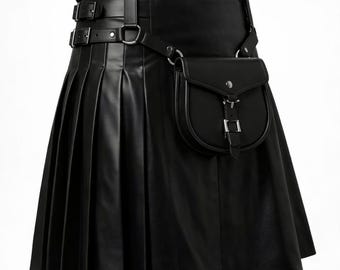 Black Leather Kilt with Sporran – Gothic Utility Kilt, Pleated Genuine Sheepskin Leather Adjustable Strap Kilt for Men