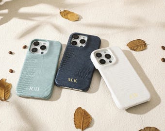 Personalized Lizard Vegan Leather iPhone Case, Custom Initials Phone Cover