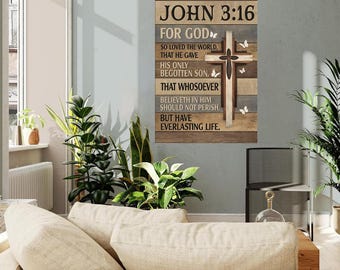 Johannes 3:16 Kristen väggkonst Canvas, Ty så älskade Gud världen skylt, Rustik korsväggdekor, Bibelvers bondgårdskonst
