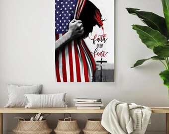 Tro över rädsla Jesus-canvas, patriotisk kristen väggkonst amerikansk flagga religiös heminredning, bibelvers-canvasväggkonst
