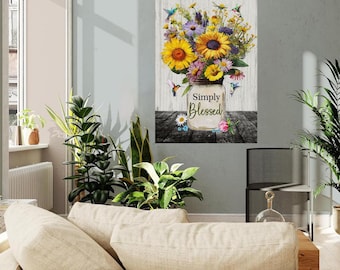 Helt enkelt välsignad kolibri väggkonst canvas, kristen blommig masonburkdekor, solros bondgårdspresent till mamma