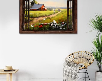 Jakob 1:17 Väggkonst Canvas, Varje God och Perfekt Gåva Röd Lada Dekor, Kristen Bondgård Landskap Gåva