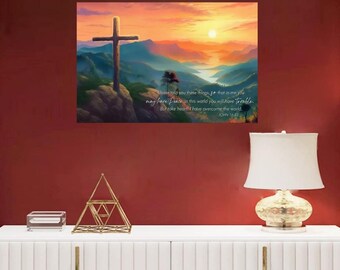 Fatta mod, jag har övervunnit världen, canvas, Johannes 16:33 väggkonst, kristen kors landskapskonst, bibelvers canvasgåva