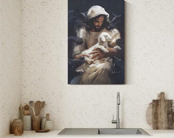 Jesus, den gode herden, väggkonst, kanvastryck, skyddande lamm från vargar, kristen religiös dekor, trosgåva