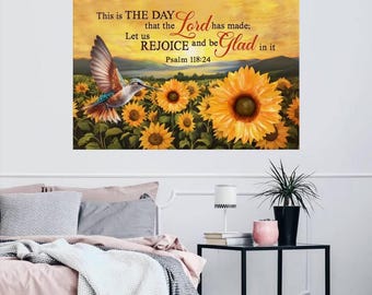 Psalm 118:24 Väggkonst Canvas, Detta är den dag Herren har skapat, Kolibri Solros Kristen Dekor Gåva, Religiös Väggkonst