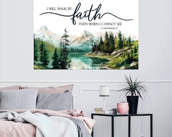 2 Korintierbrevet 5:7 Väggkonst Canvas, Vandra i tro Bergdekor, Kristen Natur Väggkonst, Inspirerande Bibelvers Gåva