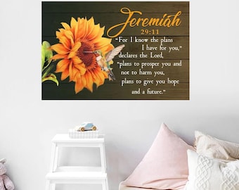 Jeremia 29:11 Canvas, Ty jag känner till planerna väggkonst, solros kolibri kristen dekor, bibelvers canvas gåva