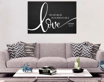 Tro, hopp och kärlek, väggkonst för bibelverser, 1 Korintierbrevet 13:13, kristen väggdekor, minimalistisk svartvit canvasgåva