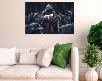 Jesus den gode herden, väggkonst med skydd av lamm från vargar, kristen väggkonst, canvastavla med tro, religiös gåva