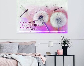 Let Your Faith Be Bigger Than Your Fear Canvas Wall Art, Dragonfly Dandelion Christian Faith Home Decor, Bible Verse Canvas Wall Art