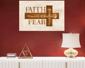 Faith Over Fear Canvas Wall Art with Cross, Christian Wall Decor, Inspirational Faith Quote, Religious Decor, Bible Verse Canvas Wall Art