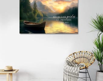 Där Gud vägleder förser han med canvas, Jesaja 58:11 väggkonst, kristen landskapsväggdekoration, bibelvers canvasgåva