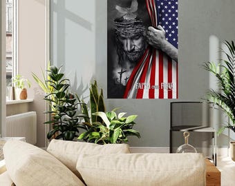 Tro över rädsla Jesus Kristus Canvastavla, patriotisk kristen väggkonst Amerikansk flagga Religiös heminredning, Bibelvers Canvastavla